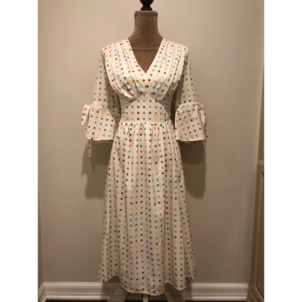 eshakti Cream Midi Dress with Multicolor Polka Dots and V-Neck